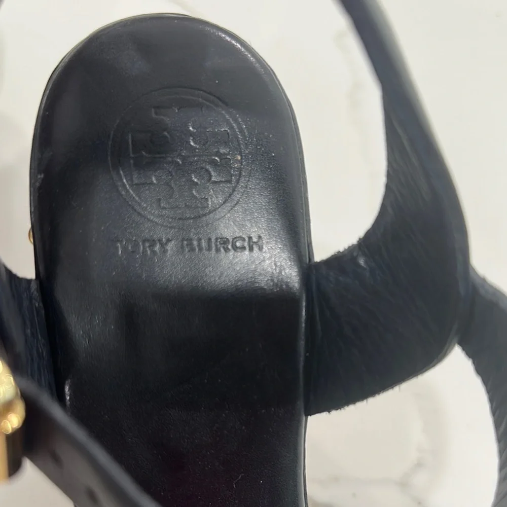 Tory Burch Black and Brown Wedge Sandals with Gold Accents - Picture 4 of 4